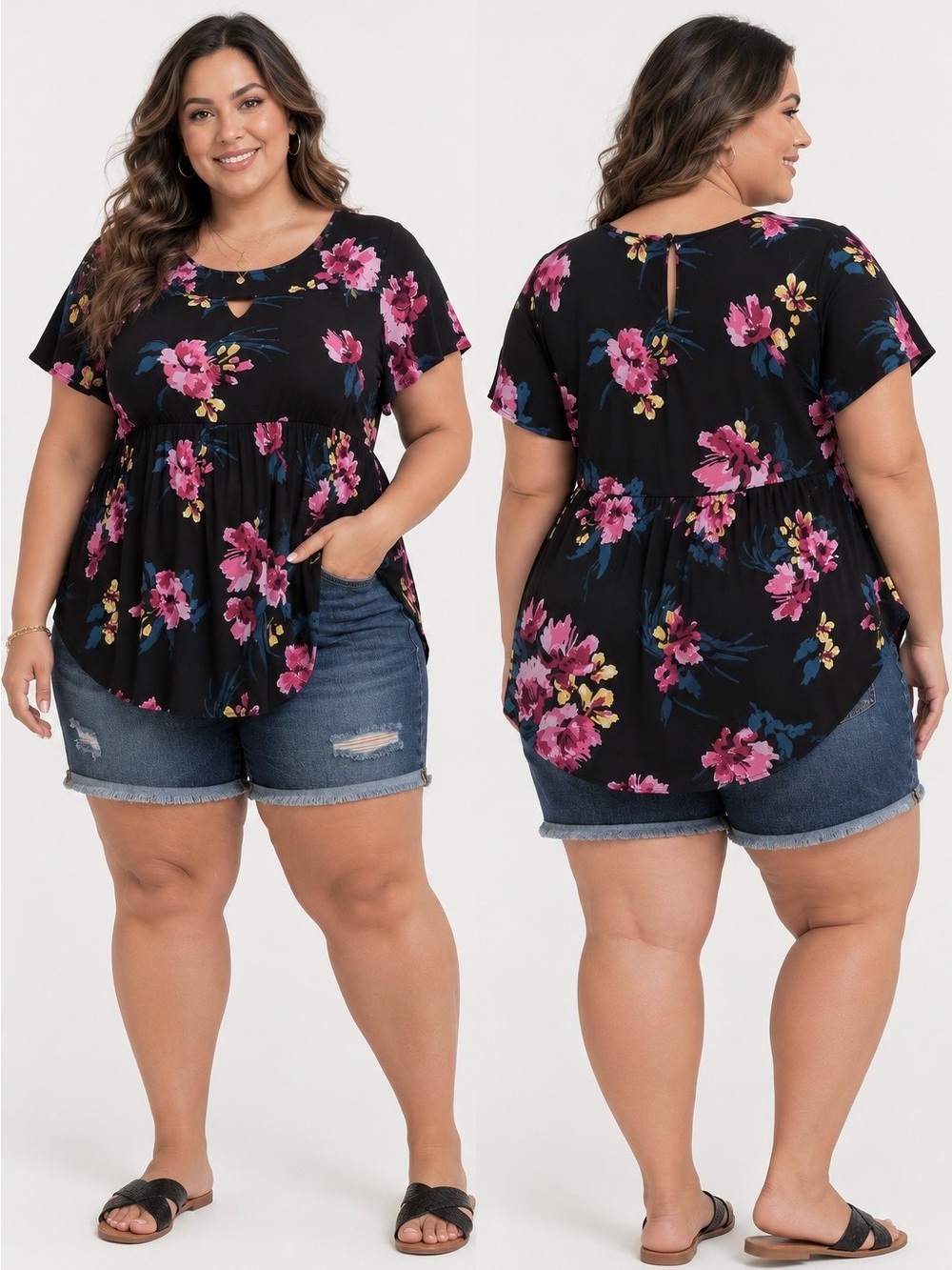 TORRID BLACK FLORAL GAUZE KEYHOLE BABYDOLL TUNIC